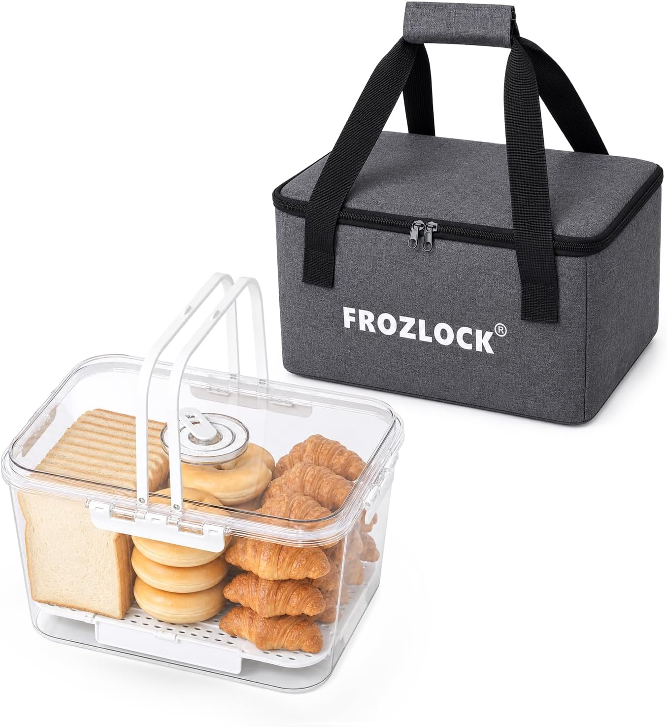 Bread Box with Lid & Handle, Large 13.4" x 9.3" x 7.5" Airtight Bread Storage Container with Freshness Date Dial for Toast, Bagels, Pastries - Reusable Breadbox with Portable Insulated Bag for Travel