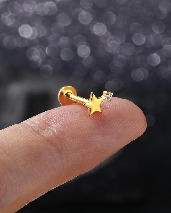 Jewseen 925 Sterling Silver Tragus Stud Earrings 16g Internally Threaded Flat Back Earrings Star Helix Piercing Jewelry Gold Cartilage Stud for Women Gold by Jewseen - Image 5