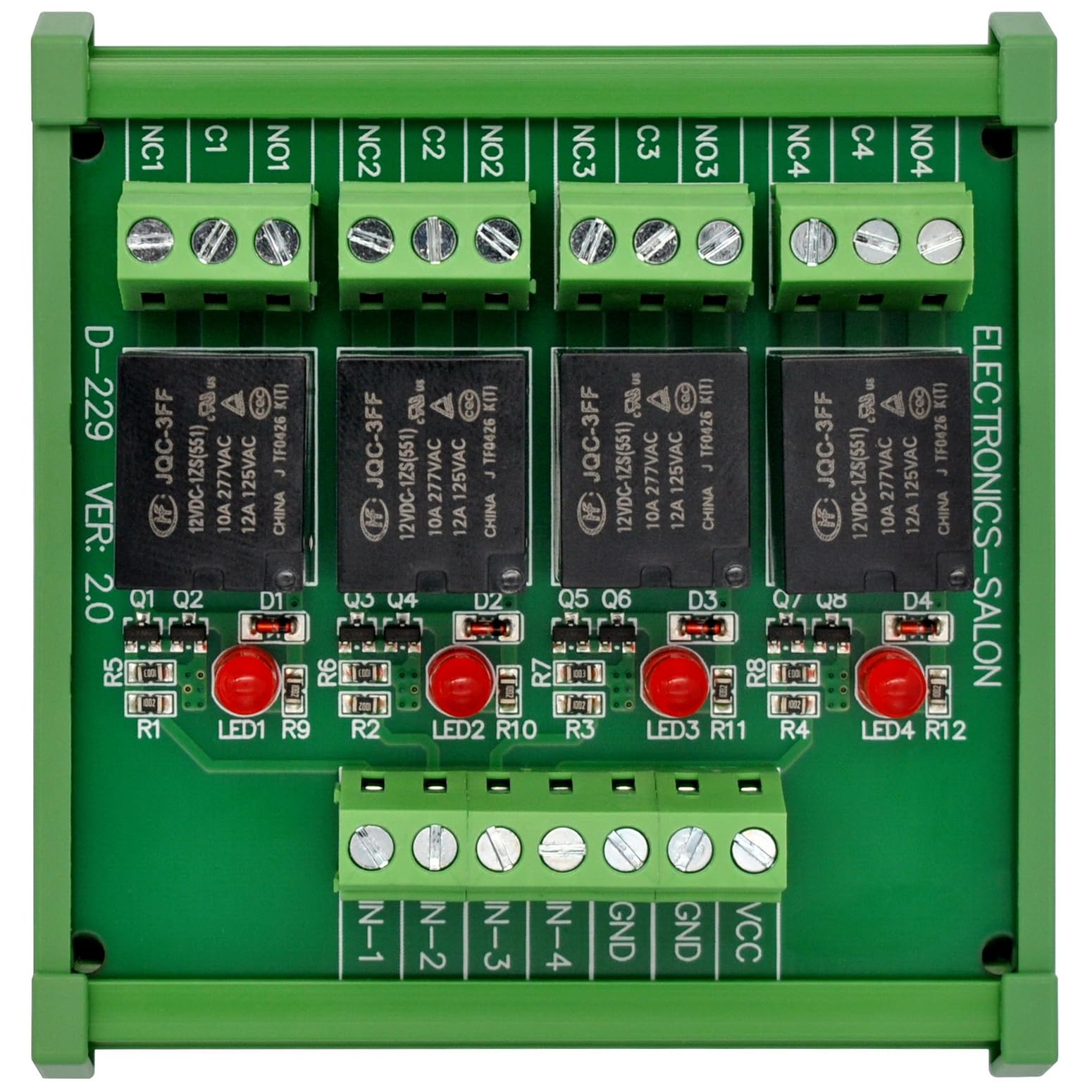 Electronics-Salon DIN Rail Mount 4 SPDT 10Amp Power Relay Interface Module, DC 12V Version.