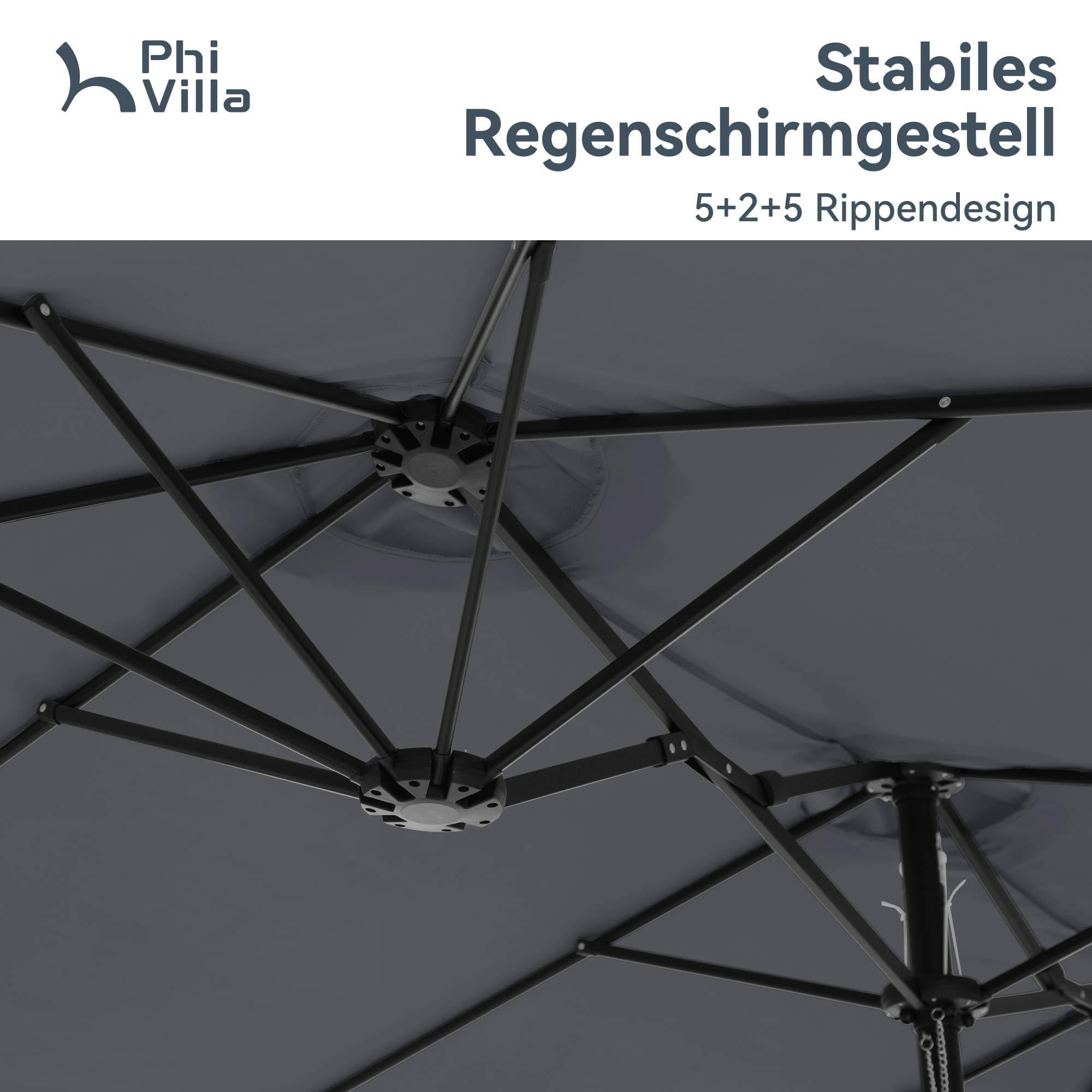 PHI VILLA Sonnenschirm Rechteckig mit Ständer Groß 270x450cm für Garten Terrasse Gartenschirm mit Kurbel UV Schutz Parasol Windfest