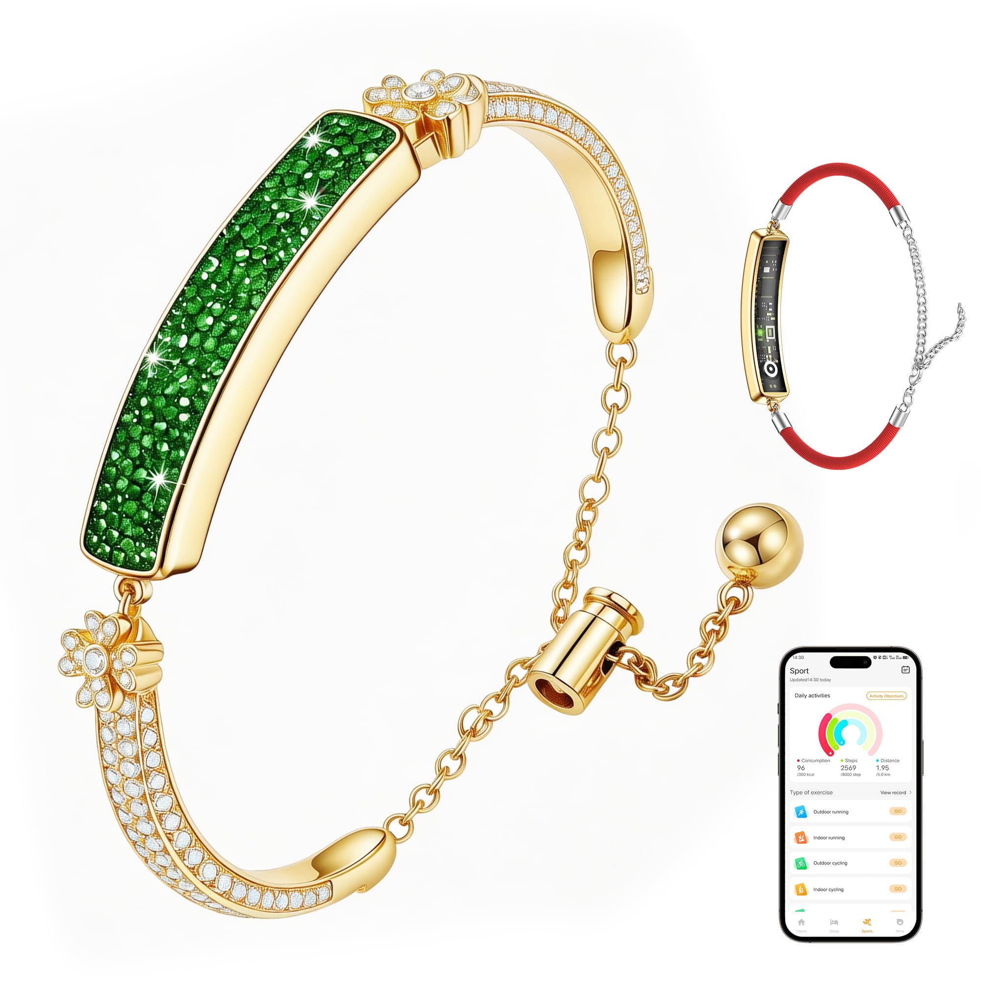 2-in-1 Crystal-Inlaid Smart Bracelet for Women, Jewelry Fitness Tracker with Heart Rate, Sleep &amp; Cycle Tracking, IP68 Waterproof, Interchangeable Bands