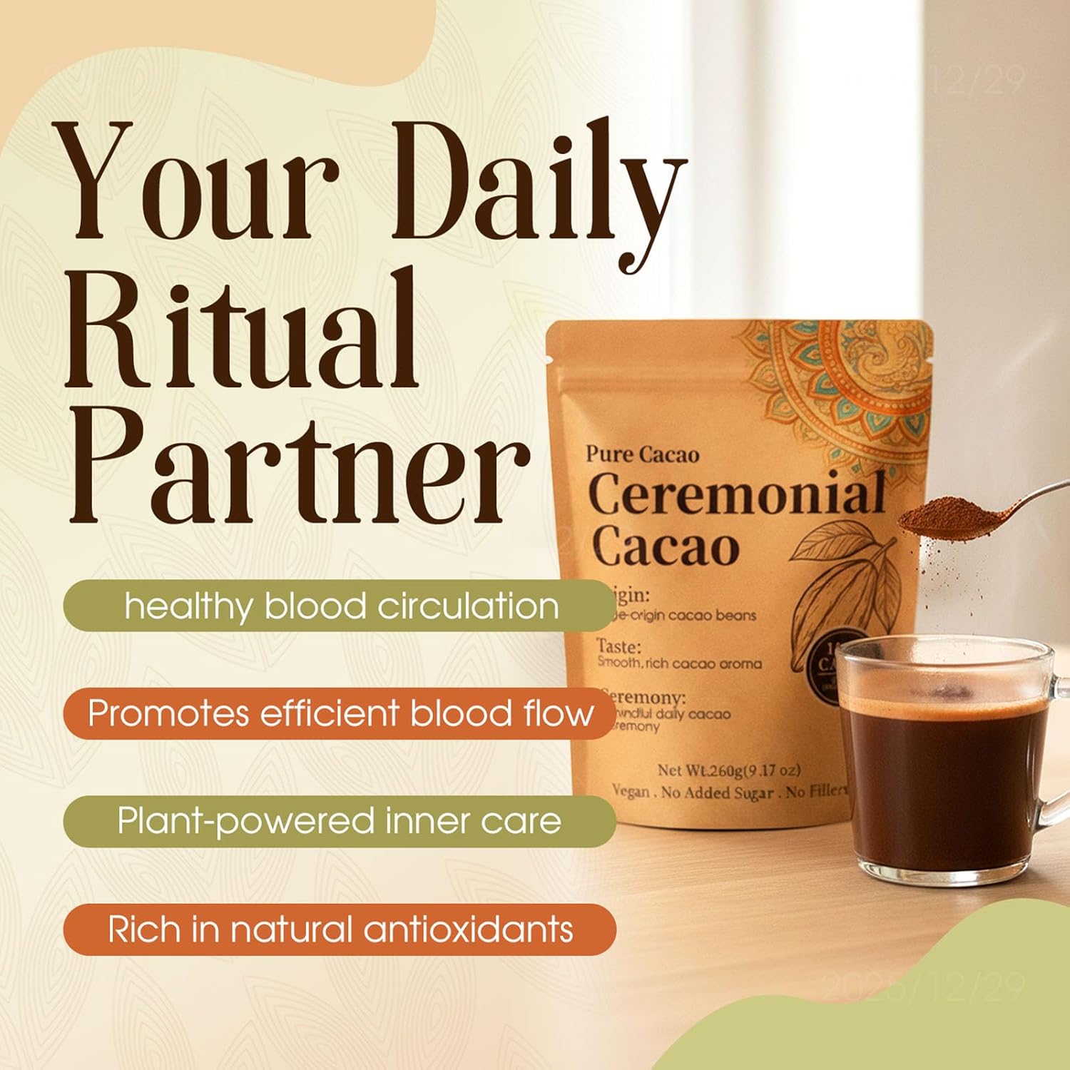 Ceremonial Cacao, Organic Cacao Powder, High Flavanol Cocoa Powder with Natural Theobromine, Magnesium - Daily Circulation & Heart Health Support, Improve Mood, Energy(1)