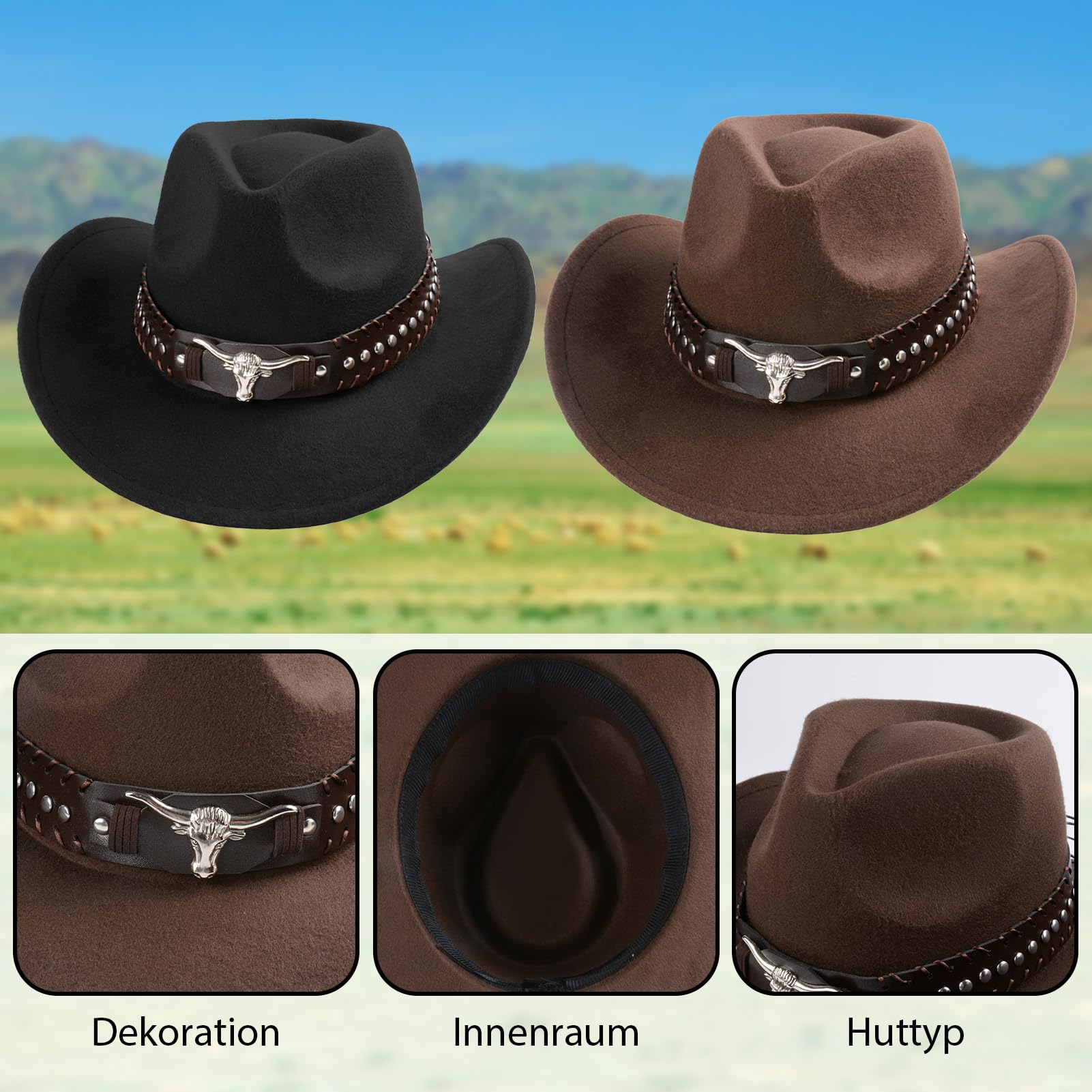 Lot de 2 chapeaux de cowboy occidental avec accessoires uniques tête de taureau - Bord vieilli - Chapeau de protection solaire d'extérieur en laine - Multifonctionnel - Unisexe - Avec sangle en cuir