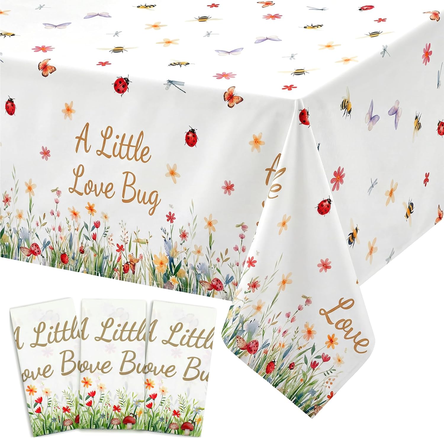 Mindsoft 4 Pcs Love Bug Baby Shower Decorations a Little Love Bug Floral PVC Tablecloths 54x108 Inch Disposable Waterproof Table Covers for Baby Showers, Birthday Parties, and Garden Themed Events