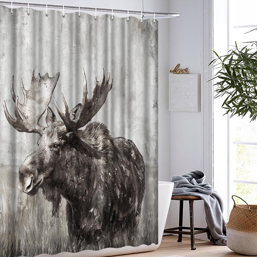 Moose Shower Curtain Rustic Wildlife Western Bathroom Decor with 12 Hooks 72x72 Inches Gray and Brown