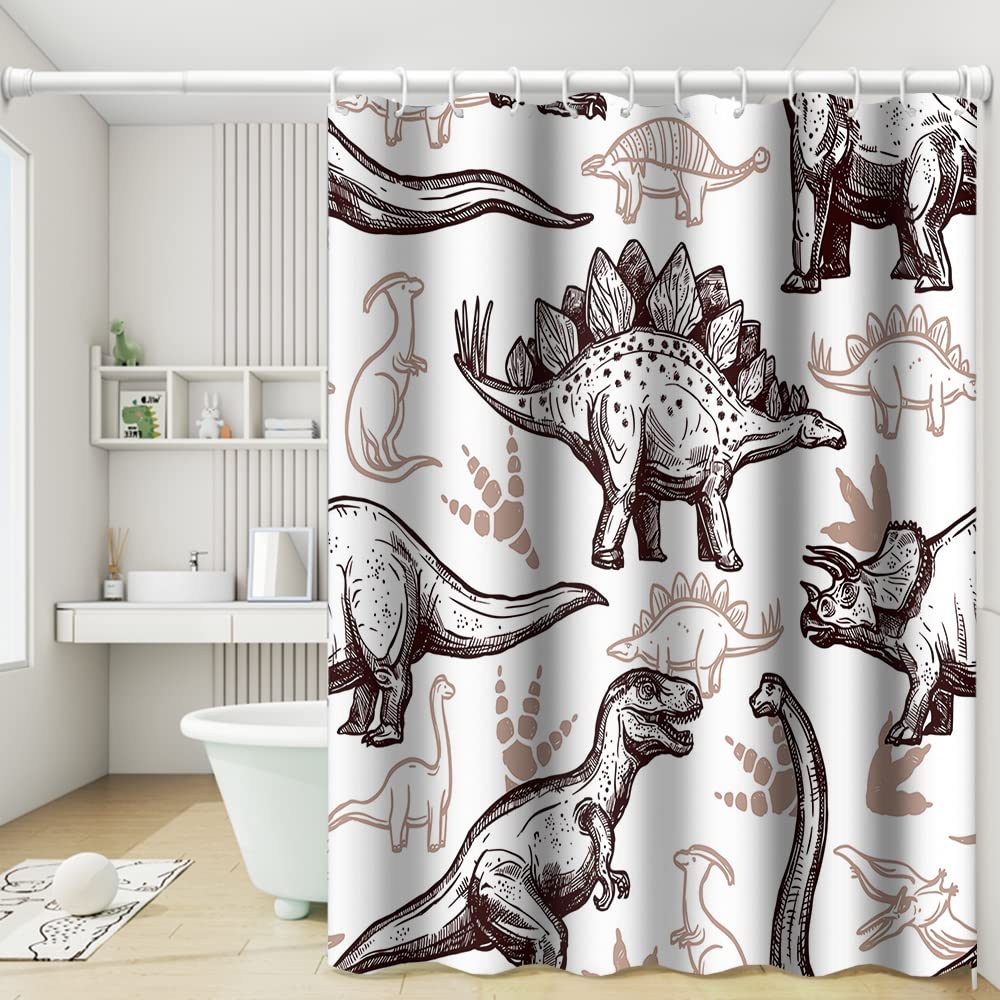 Dinosaur World Bathroom Shower Curtain - Various Dinosaurs Sketch Pattern Tan Waterproof Polyester Shower Curtain for Kids Boys Bath Decorative, 48x72 Inch