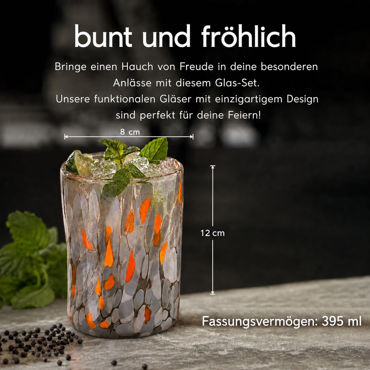 MAZZEGA ART & DESIGN – 6 farbige Gläser, mundgeblasen aus Muranoglas, geeignet für Wasser, Erfrischungsgetränke und Cocktails, 395 ml, 12 cm hoch. Hergestellt in Italien. (6, MIX)