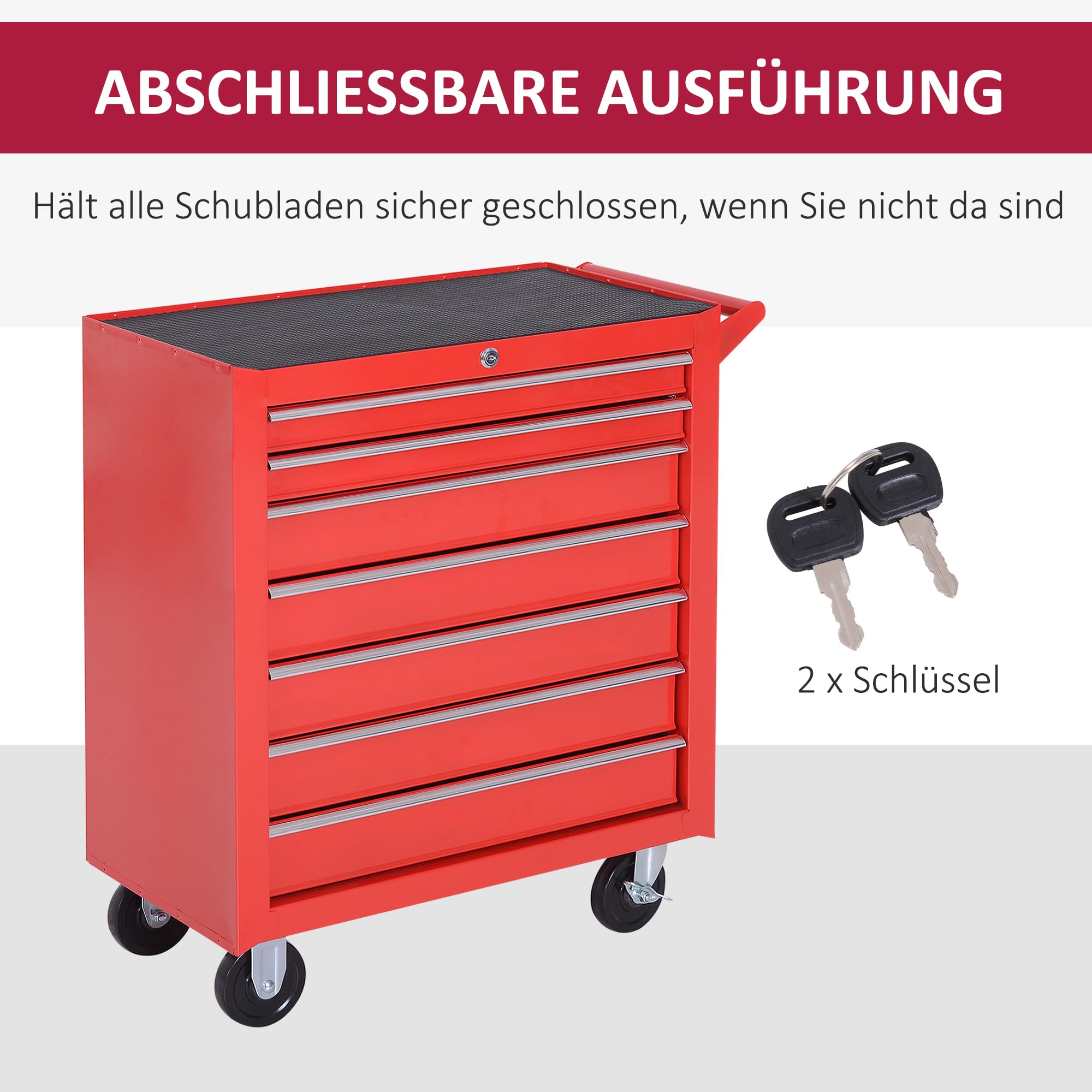 DURHAND Werkstattwagen mit Rollen, Werkzeugwagen mit 7 Schubladen, abschließbar Montagewagen mit Feststellbremse, Mobiler Rollwagen, Max. Belastung 150kg, Stahl, Rot