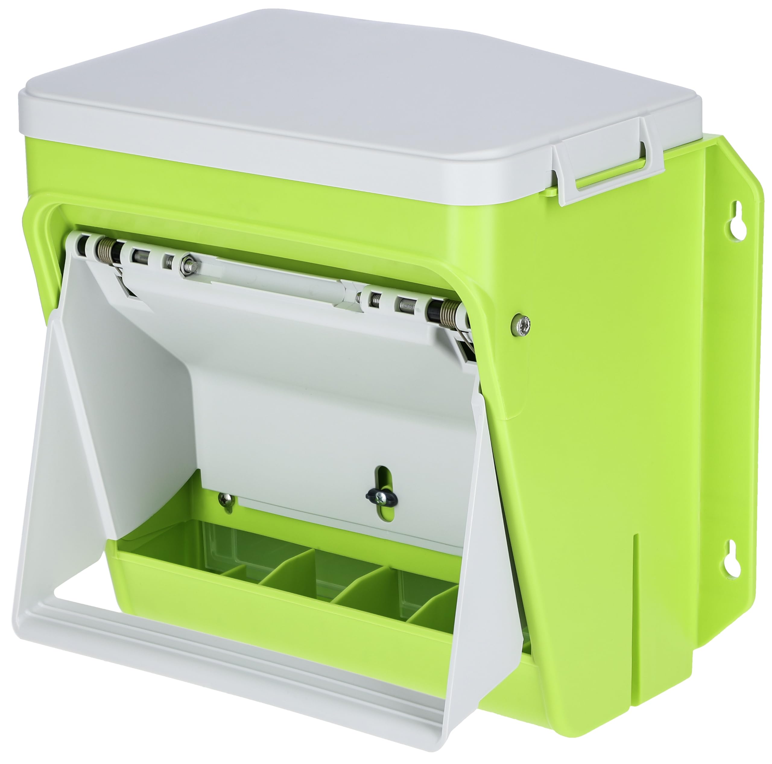 Kerbl Hobbyfarming SmartCoop Comedero automático con Tapa Protectora, contenedor de alimento, Verde, Gris Claro, 36x27x34cm, plástico, para gallinas, Incluye Soporte de Pared, Duradero