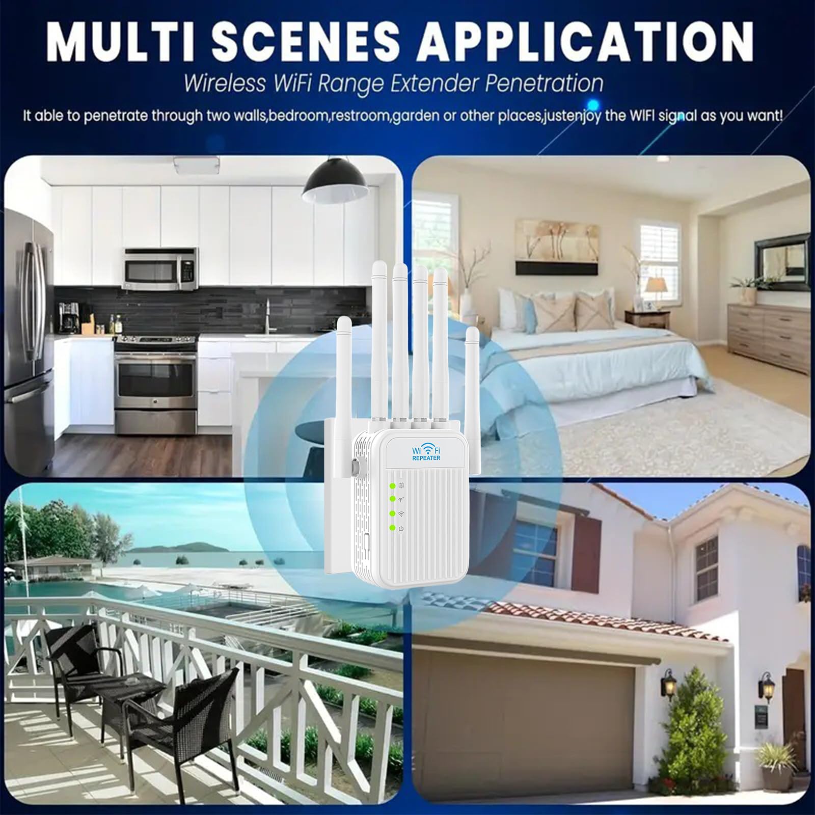 Repeteur WiFi Puissant sans Fil Amplificateur de Signal WiFi,6 Antennes deTransmission Rapide 2 Ports LAN Répéteur WiFi Extérieur Couverture WiFi de 12000Sq.Ft WiFi Extender Signal Booster (Blanc)