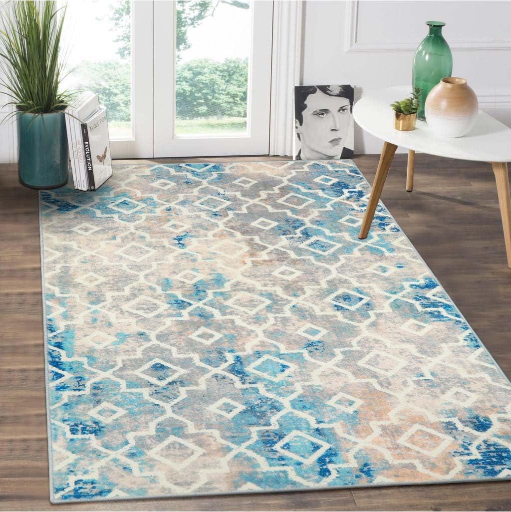Wonnitar Moroccan Washable Area Rug - 3x5 Abstract Rug Small Bedroom Rug Non-Slip Rug for Bathroom Modern Geometric Soft Non-Shedding Throw Rug for Bedside Living Room,Blue/Yellow/Grey