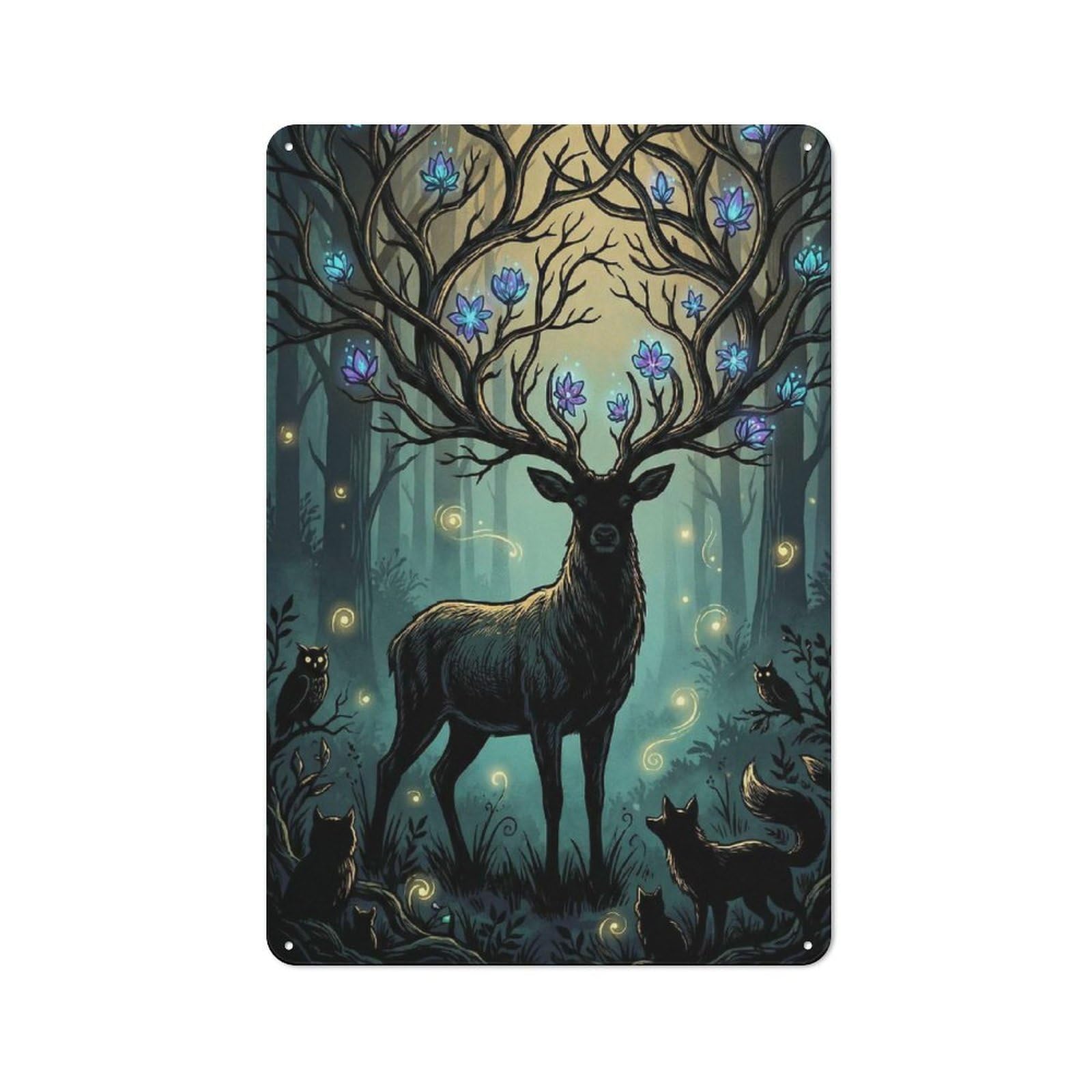 Junmoney Style-18 Enchanted Forest Stag With Glowing Flowers Rustic Metal Sign 30X20cm, Barn Style Farmhouse Wall Decor For Kitchen, Cottage, Porch Or Garden Room