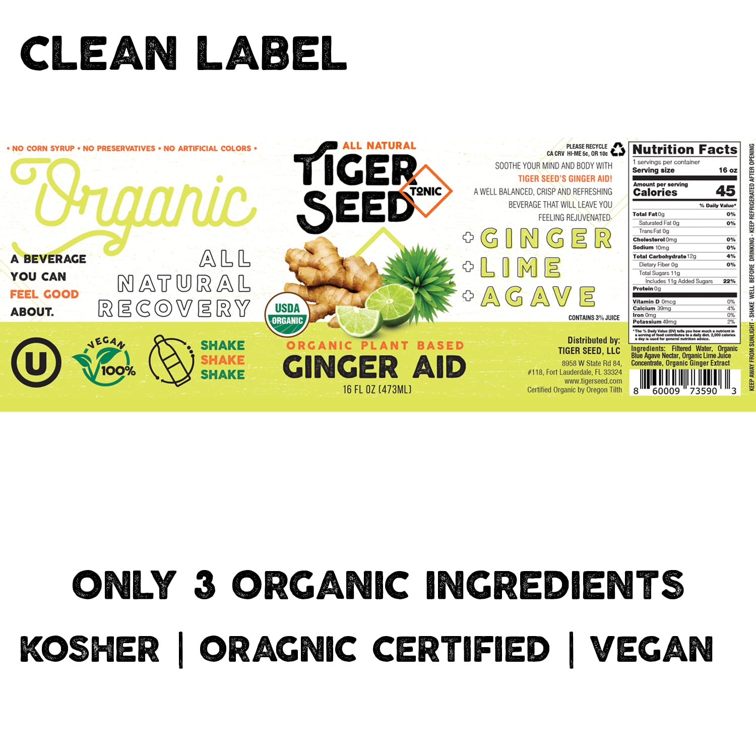 Ginger Aid - Tiger Seed - Plant Based Immunity and Recovery Support - 16 FL OZ Bottles (Pack of 9) Ginger, Lime Juice and Agave -Organic, Vegan, Kosher