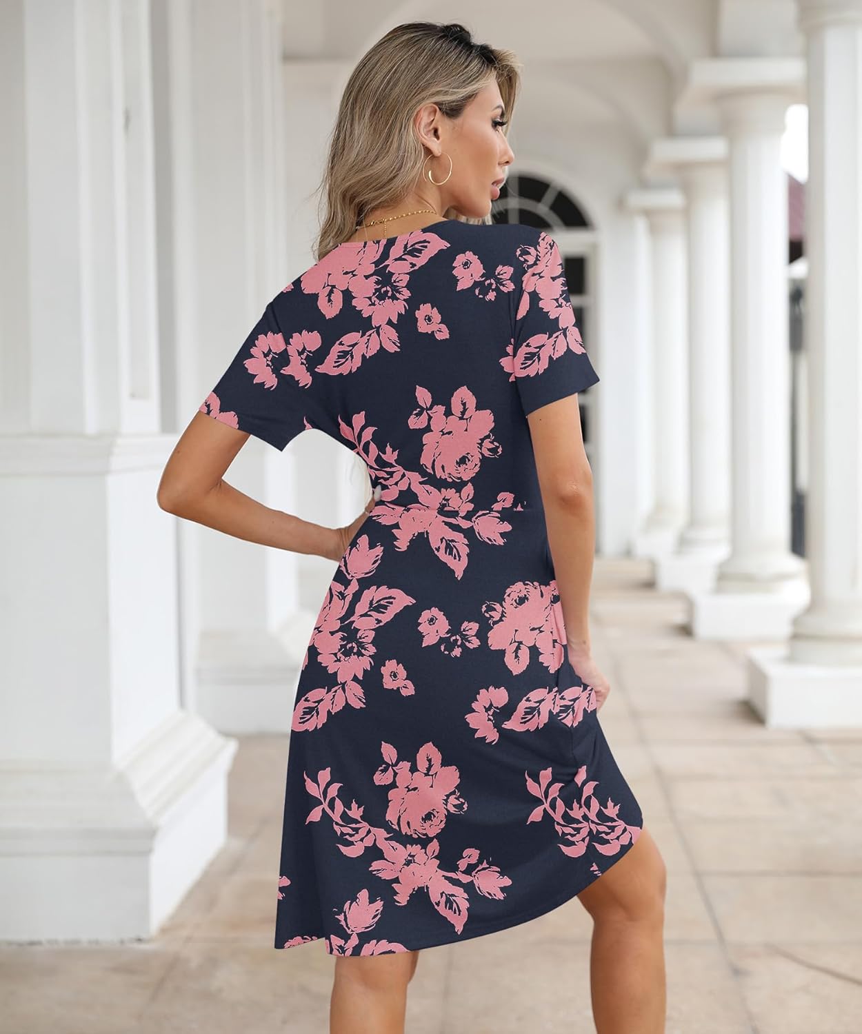 Women's Summer Faux Wrap V Neck Midi Dress Short Sleeve Casual A-Line Sundress with Pockets for Beach Party Work - Image 4