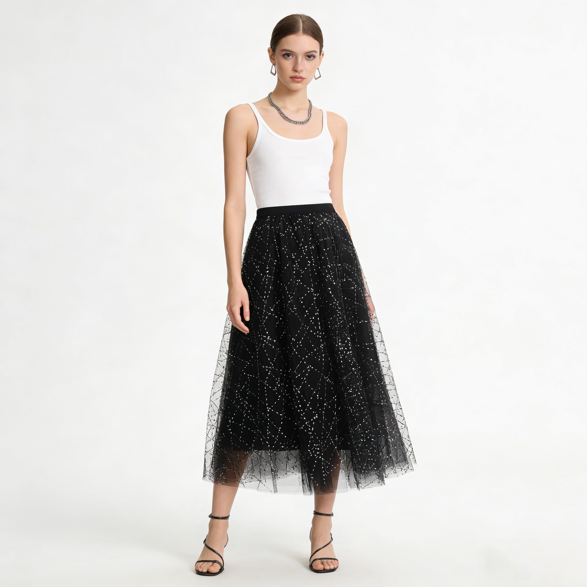 Falda Midi Brillante para Mujer con Forro Cintura Alta Corte a Enagua Faldas Tul con Lentejuelas Brillantes para Salidas Nocturnas Clubes Conciertos Cócteles.