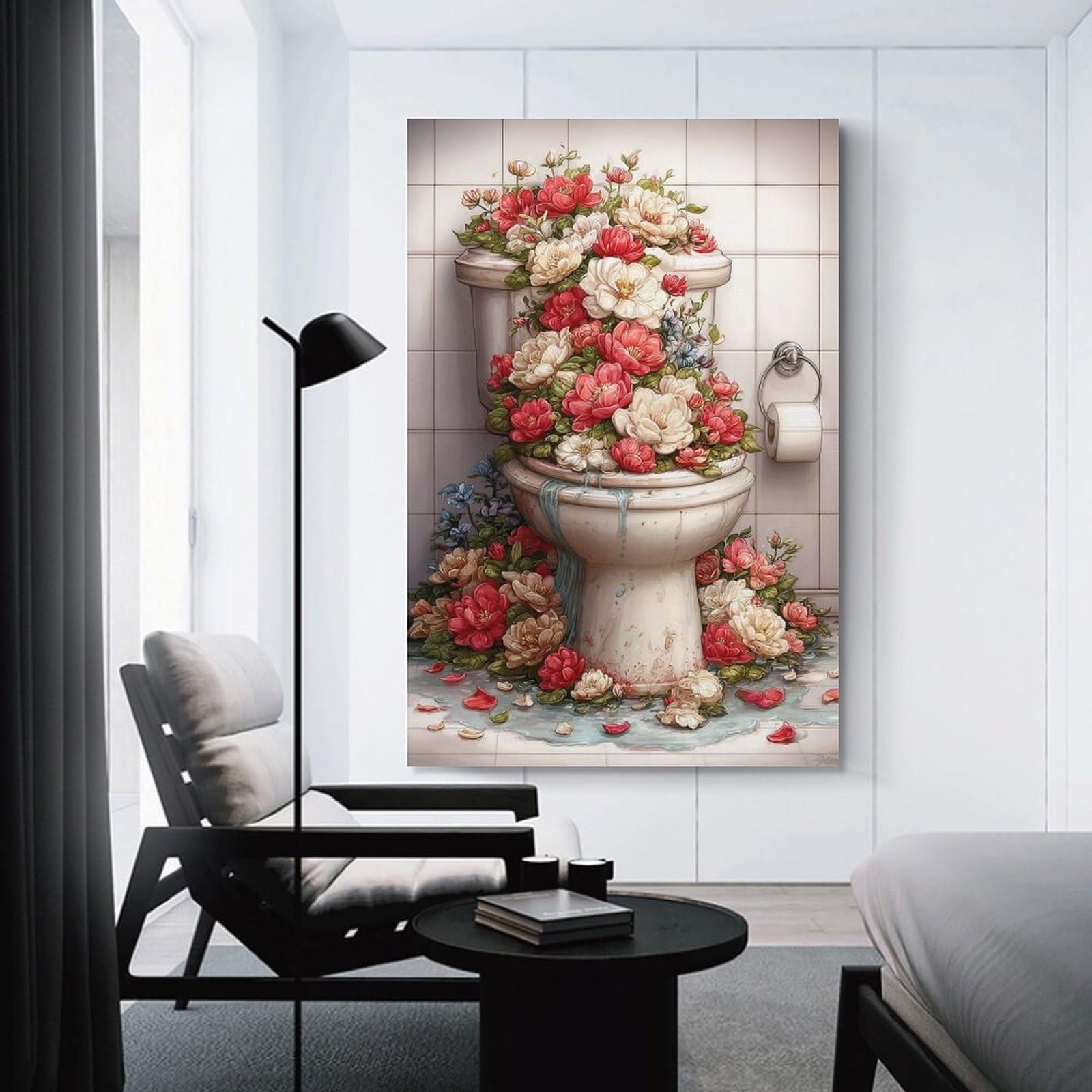 Junmoney Floral Toilet Art Canvas Wall Decor, 08x12inch(20x30cm), for Wall Displays, Bedrooms Or Room Updates, Wall Decor Suited to Curated Displays
