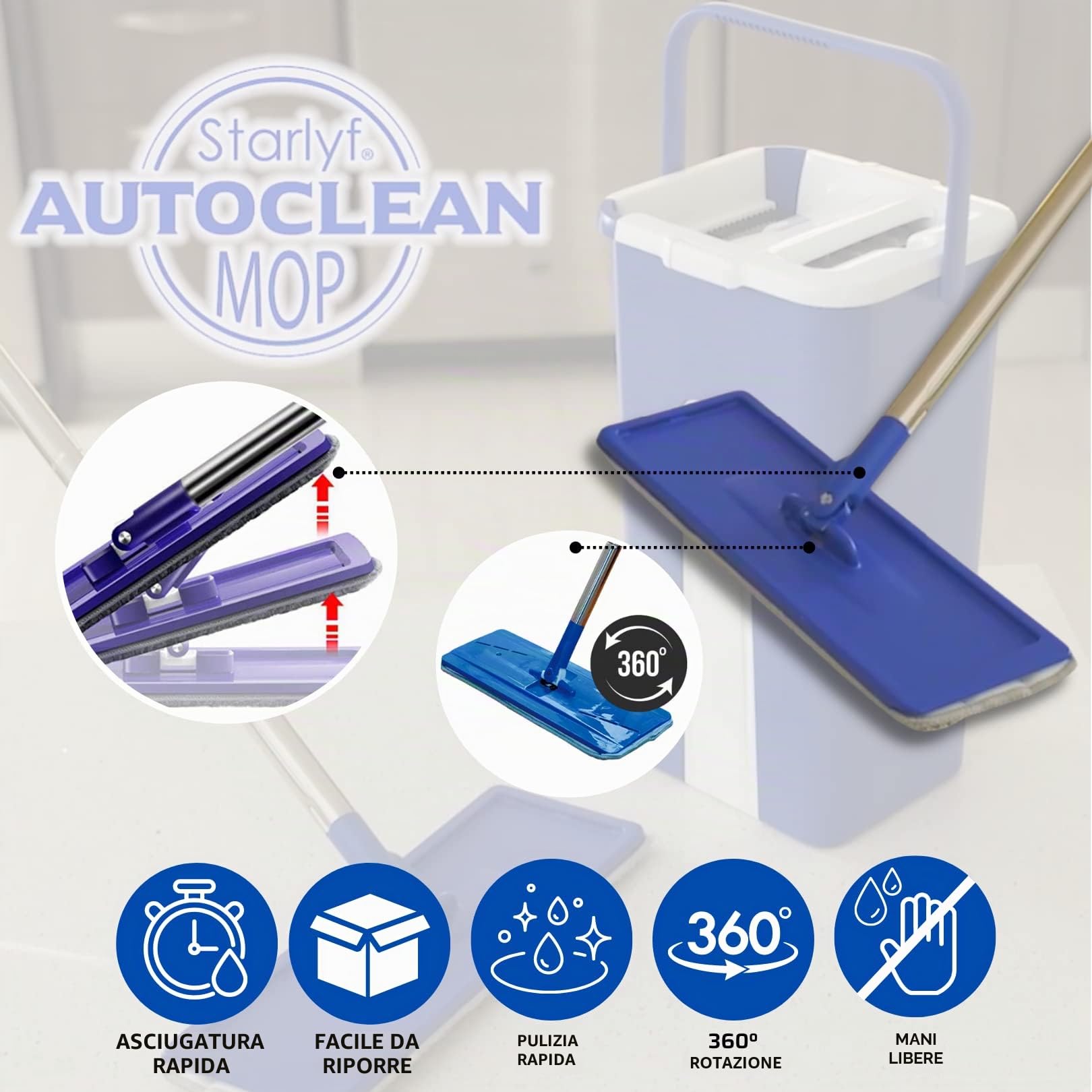 Set Mocio Lavapavimenti e Secchio Autoclean Mop 360º, Doppia Vaschetta,Uso Bagnato e Asciutto, Manico in Acciaio Inox, Panno in microfibra incluso, Mocio Lavapavimenti Rotante