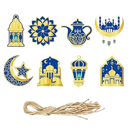 CALANDIS 8Pcs Eid AL Fitr Ornaments Tags Eid Mubarak Ornaments for Party Home Bedroom Blue | 8 Ramadan Ornaments with Rope
