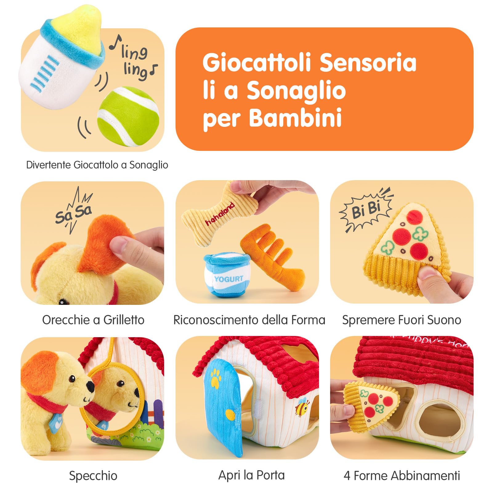 hahaland Giochi Neonato 6 Mesi - 8 PCS Set di Cane Peluche con Fienile & Corrispondenza delle Forme - Giocattolo Educativi per Bambini, Montessori Sensoriale Regalo Bimbo Bimba 6 9 12 Mesi