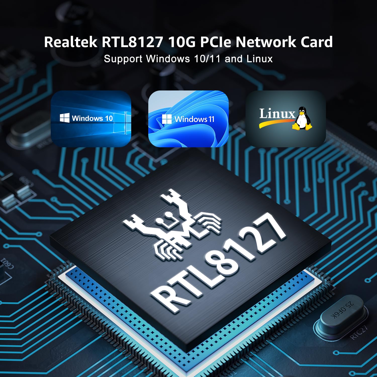 NICGIGA Realtek RTL8127 Carte réseau 10 Go PCIe 4.0 x1, adaptateur Ethernet multi-Gigabit 10G/5G/2.5G/1G RJ45 LAN NIC, prend en charge Windows 10/11/serveur, Linux, NAS, support à profil bas