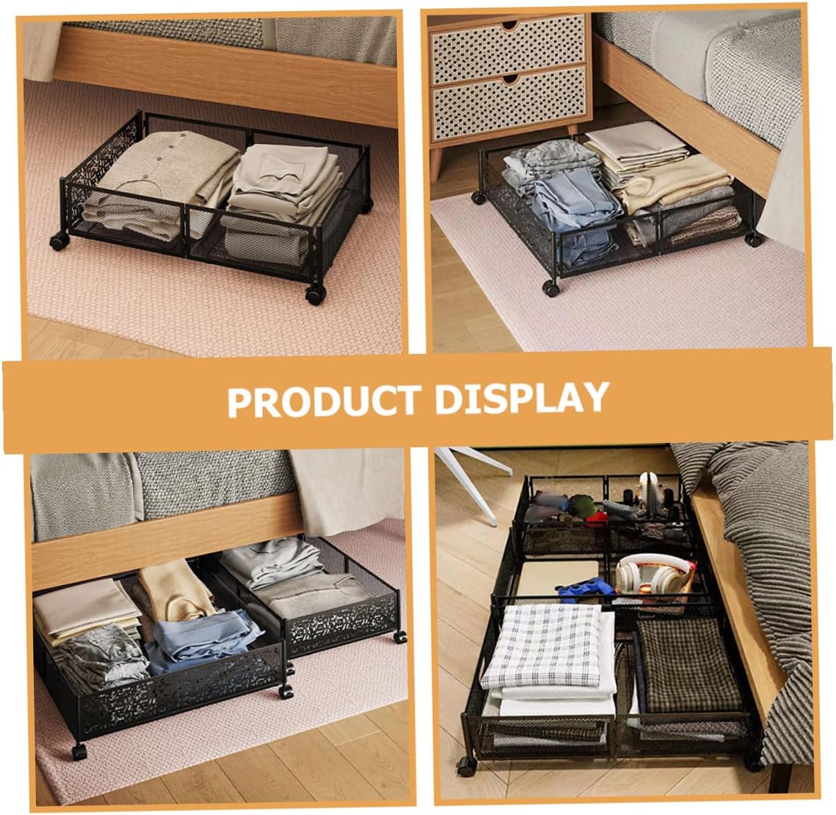 Garneck Bed Storage Drawers with Wheels, Large Space-saving Steel Storage Bin for Clothes, Foldable Black Patterned Underbed Organizer Rack for Bedroom