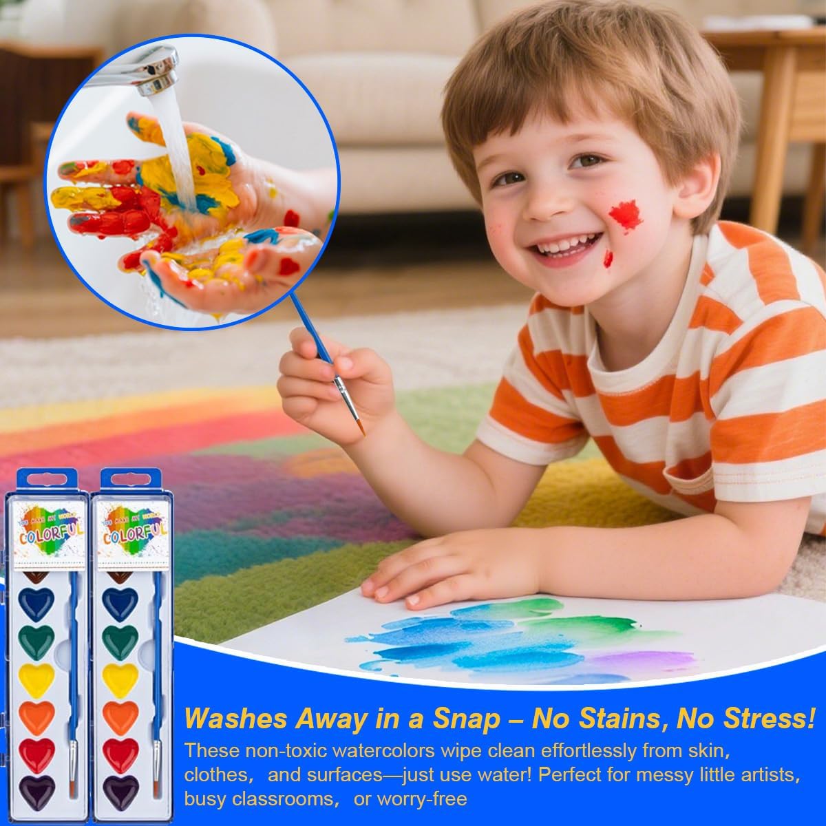 ARTLYMERS 24 Pack Water Color Paint Sets for Kids, 8 Colors Heart Watercolor Paint Set with Paintbrush Washable, Valentines Gifts Art Supplies for Preschool Classroom Party Favor Prizes Exchange