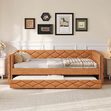 Full XL Upholstered Daybed, Brown, Modern PU Leather Sofa Bed Frame | Trundle with LED Lights, Pull-Out Twin Trundle, Multi-Functional, For Living Room & Guest Room