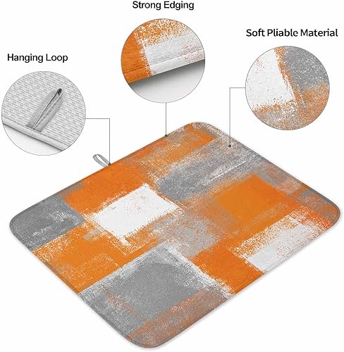 Miniatura 7 de Tapete de secado de platos naranja quemado para encimera de cocina, almohadillas de microfibra con bloques de color geométrico gris, pintura al óleo