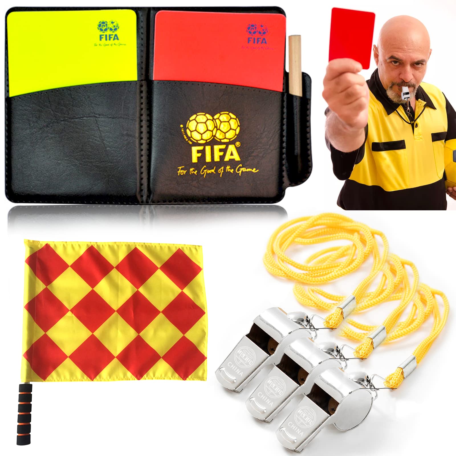 Buy behone Referee Set with 3 Metal Referee Whistle Red Yellow Referee