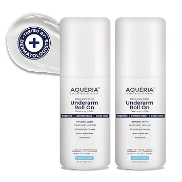 Aqueria 5.5% AHA BHA French Underarm Brightening Roll On | 48H Odour Control | Aqua Fragrance with 2% Niacinamide | Multi Actives, Glycolic Acid, Lactic Acid | Prevents Odor, Kills Bacteria | Exfoliates, Reduces Pigmentation & Discoloration for Even-Toned Underarms | Brightens Skin & Exfoliates Underarm | Alcohol & Aluminium Free | Deodorant for Men & Women | Pack of 2 (100ml)