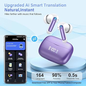 AI Translation Earbuds Real Time Voice Translator Device with Audio & Video Calls, 164 Languages, Bluetooth 5.4 Translator Earbuds with APP, Instant Language Translator, Light Purple