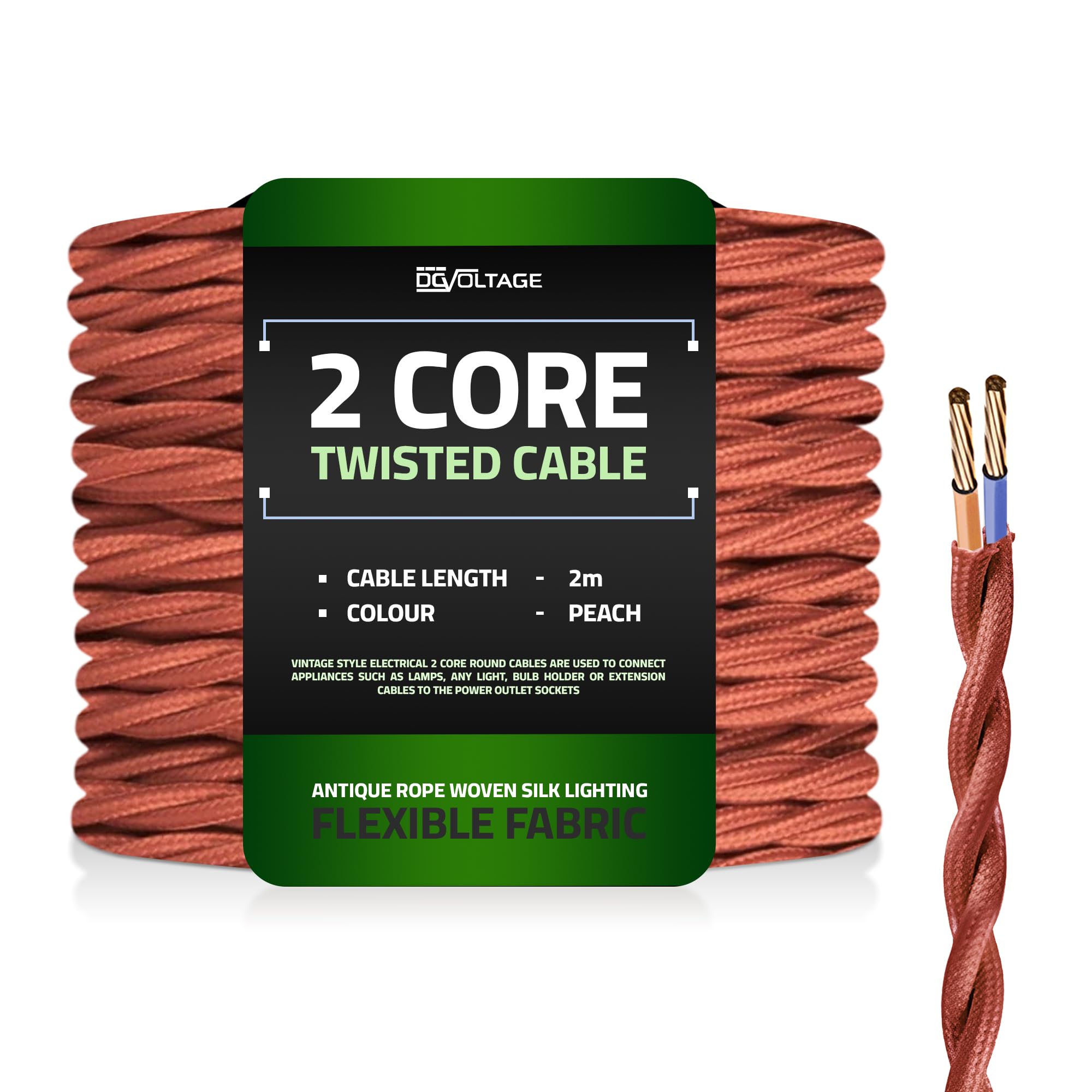 DC VOLTAGE 2m 2 Core Twisted Cable Flexible Wire Lamp Cord, 2 Conductor 6.5ft Fabric Covered Electrical Cable Antique Style Wiring Cloth Covered Braided DIY Lighting Electrical Cord (Peach)