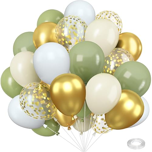 Gold Sage 50 Piece 12 Inch Set Confetti Latex Balloons with 33 Feet Ribbon for Birthday Party, Wedding, Graduation, Bridal Shower Decorations