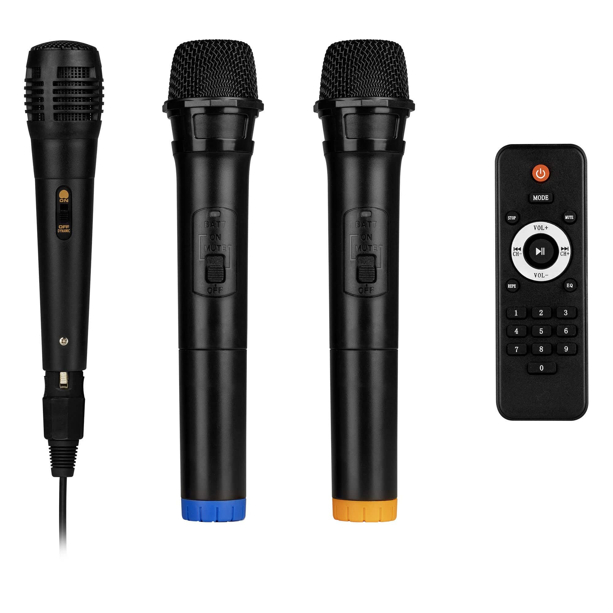 Vonyx ST100 Mobiler Akkulautsprecher mit 2 drahtlosen UHF-Mikrofonen, 1 kabelgebundenem Mikrofon, Bluetooth, USB- und SD-Anschluss, CD-Player und Fernbedienung