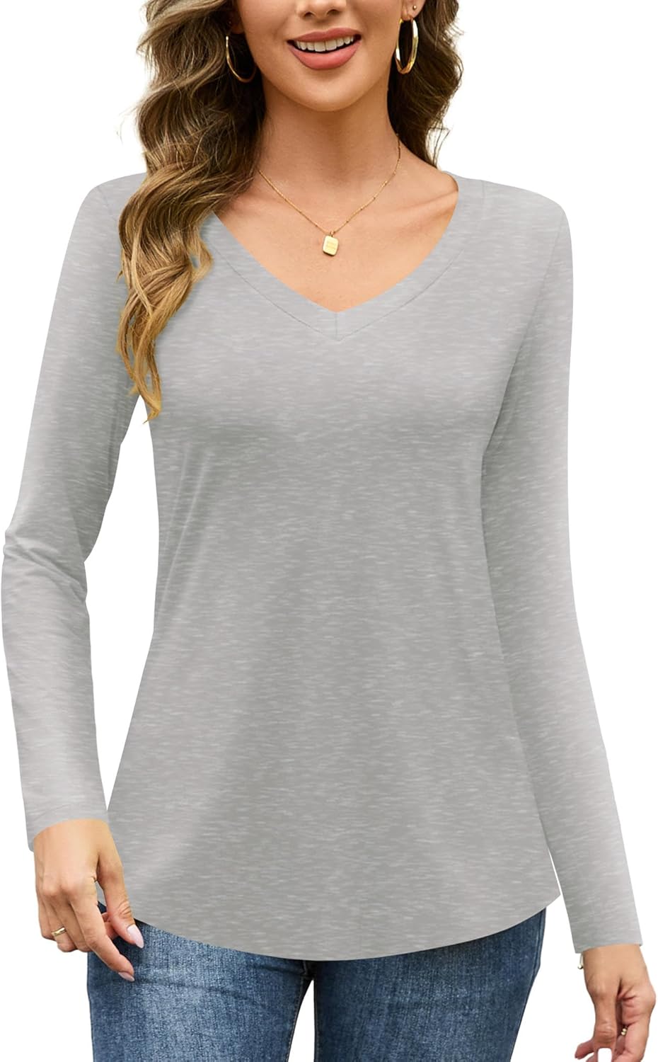 Amoretu Womens Tshirts V Neck Short Sleeve Tops Tee Solid Color Blouse - Image 2