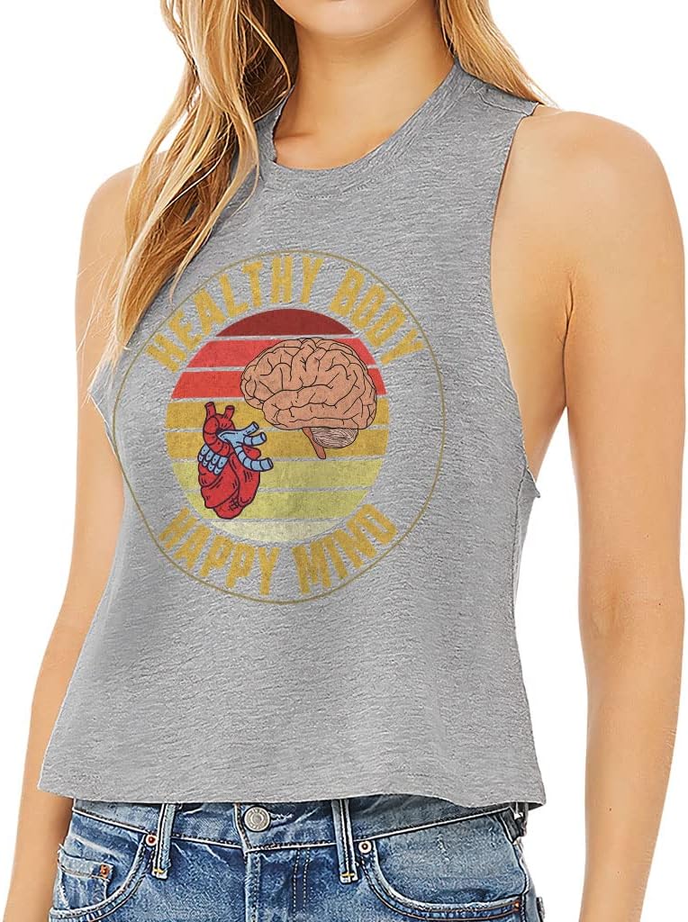 Healthy Body Healthy Mind Racerback Cropped Tank - Retro Style Women's Tank - Illustration Tank Top
