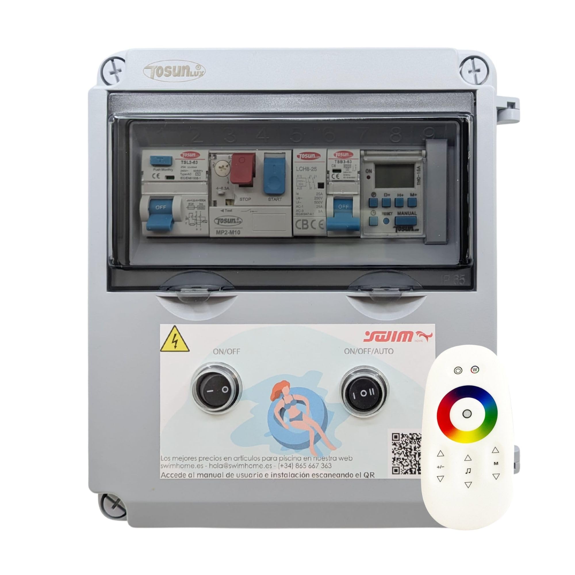 Tosun Cuadro Eléctrico Piscina, Transformador 60W 12V DC, Control WiFi y Reloj, para Bomba 0,5 CV, Gris