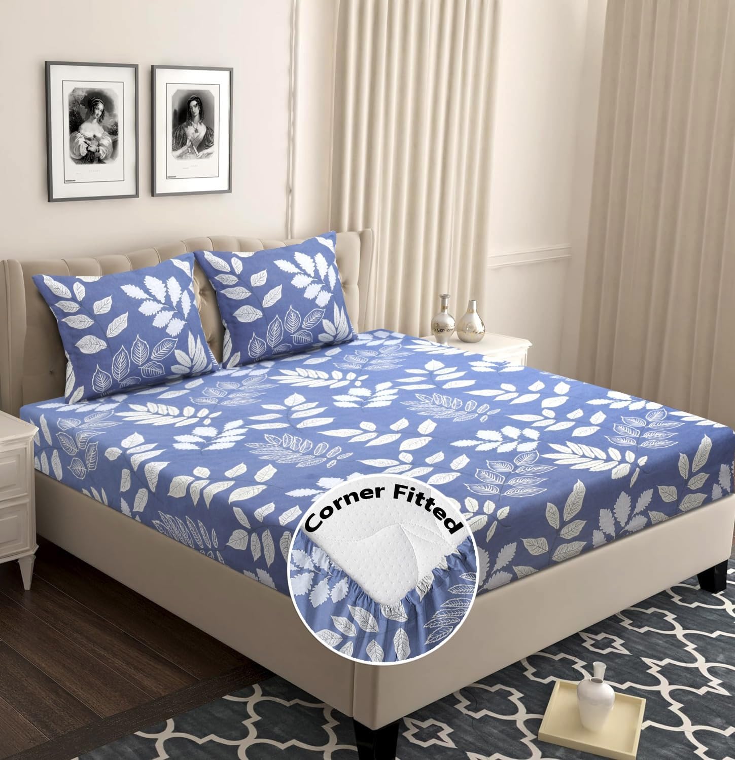 BSB HOME Cotton Rich 160tc Elastic Fitted Bedsheets with 2 Pillow Covers | Double Bed with Corner Fit Wrinkelfree Supersoft Floral Pattern Breathable |Size-72x68+6 inches | Light Grey and White