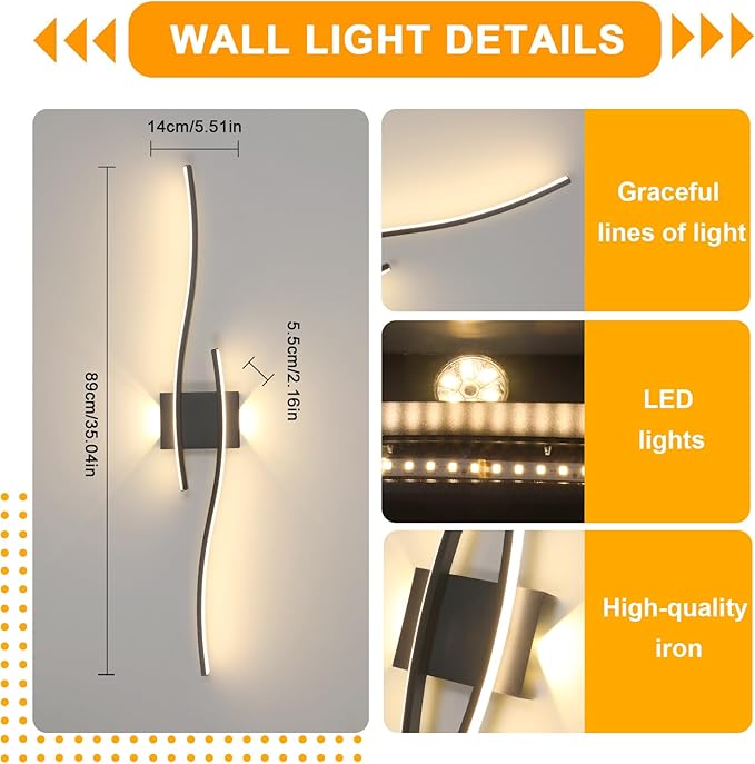 Mckalen LED Binnen Wandlamp, 89CM LED Lange Moderne Woonkamer Wandlamp 27W 3037LM, Zwart Design Lijnen Wandlamp voor Slaapkamer Gang Trap, Warm Wit 3000K photo 3