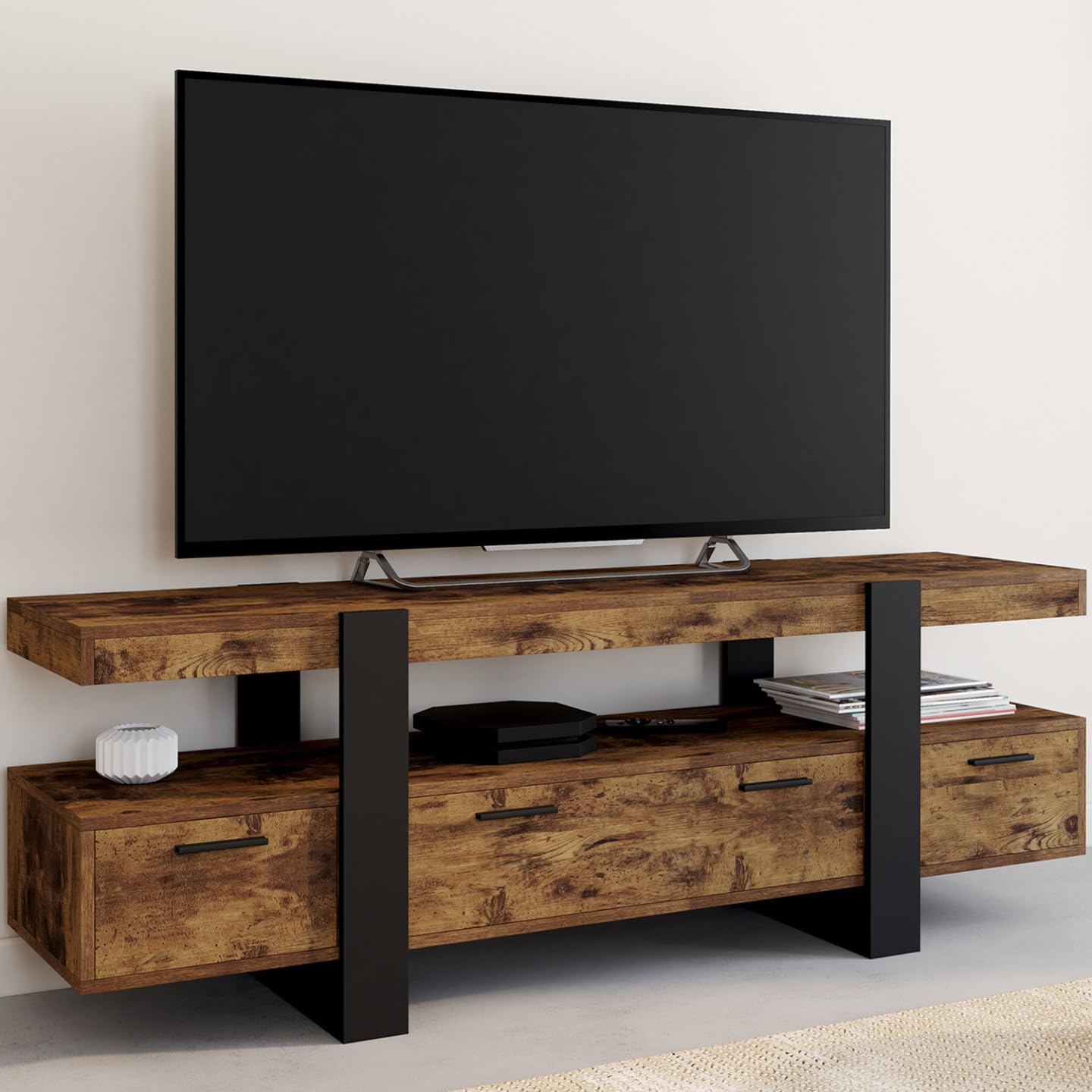 IDMarket - Porta TV PHOENIX 140 cm con legno effetto invecchiato e cassetti neri