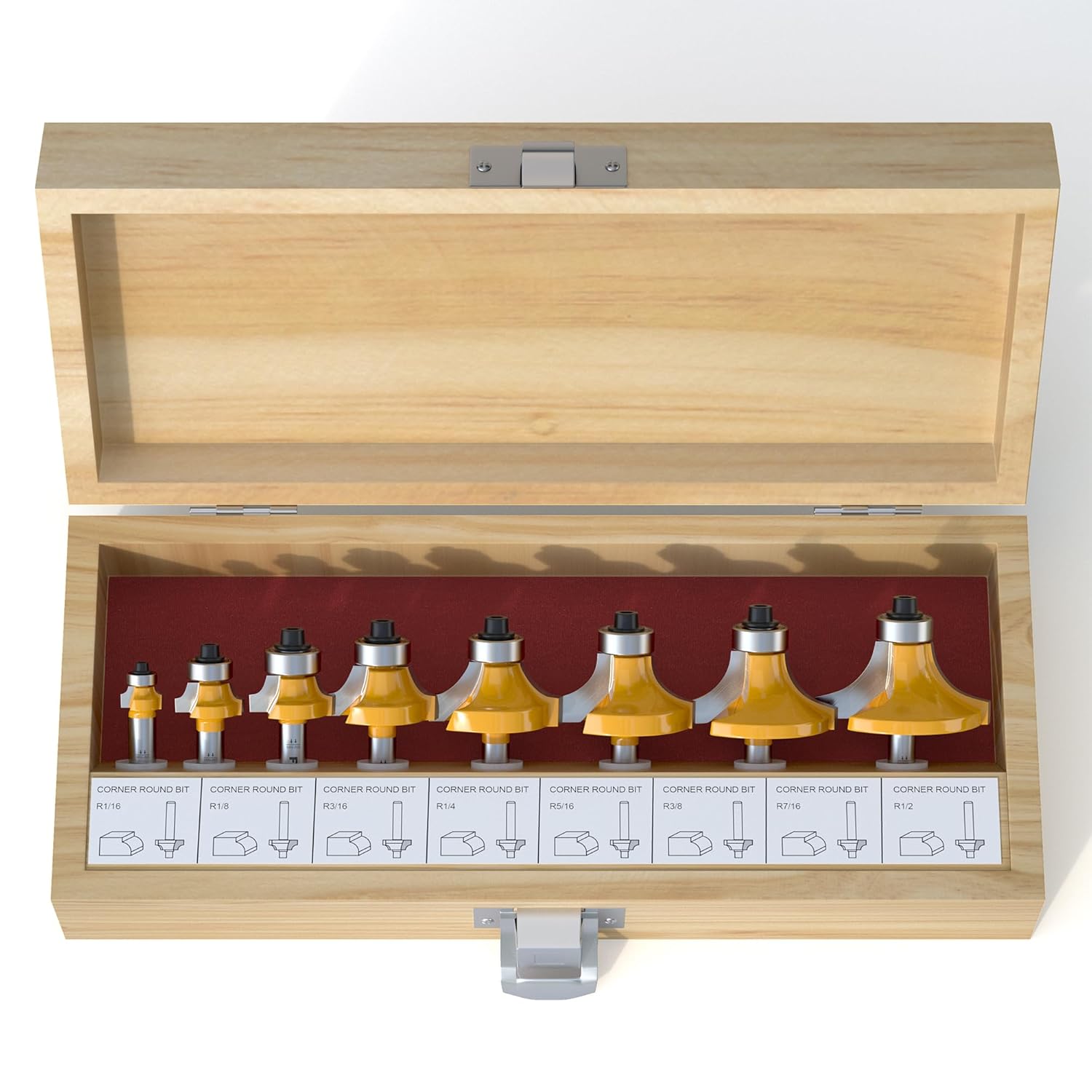 FivePears 8-Piece Roundover Router Bit Set - 1/4" Shank, Rounding Bits for Edging: 1/16", 1/8", 3/16", 1/4", 5/16", 3/8", 7/16", 1/2" Radius