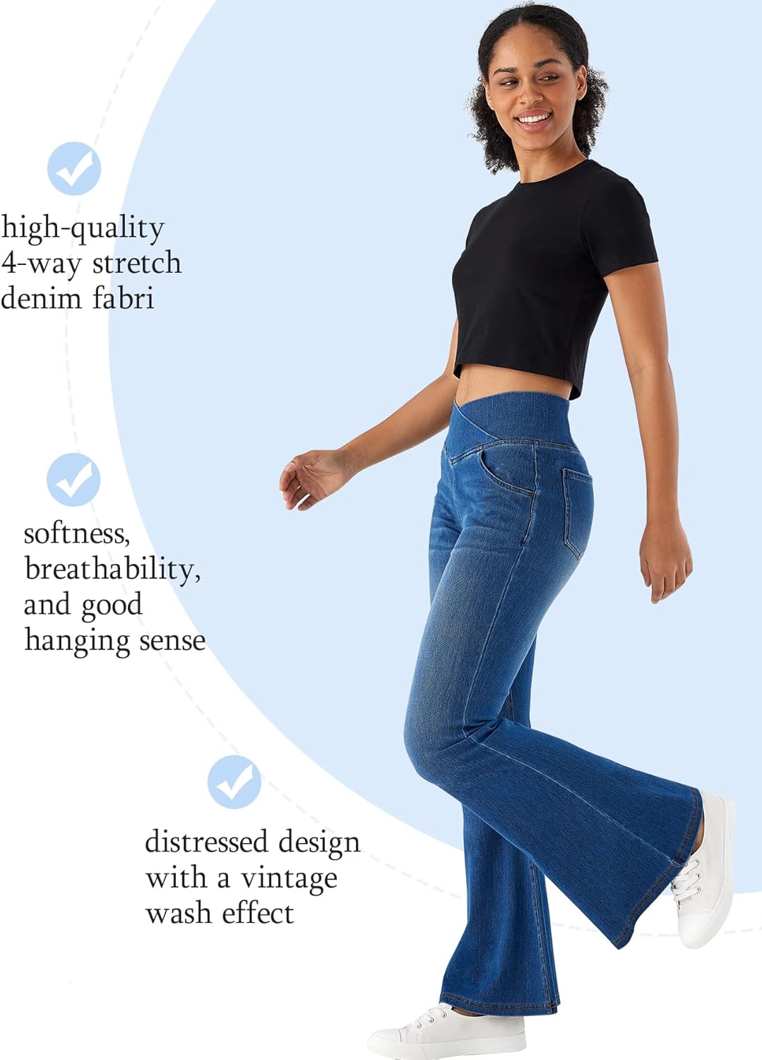 Bell Bottom Jeans for Women High Waisted Stretchy Flare Jeans Pull On Crossover Wide Leg Flared Pants with Pockets - Image 3