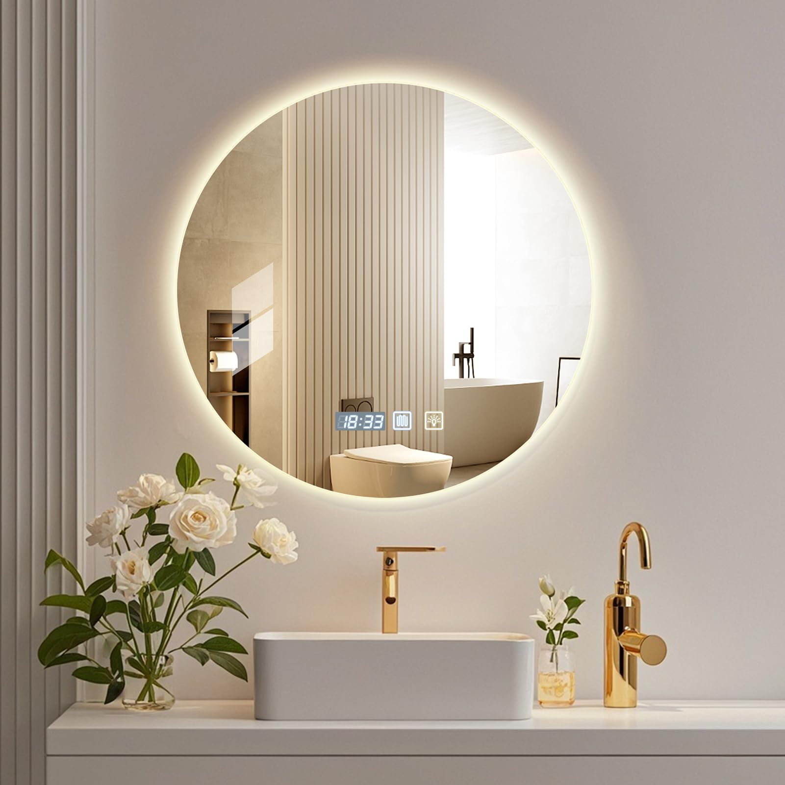 Espejos de Baño con Luz LED Redondo 60 x 60 cm, con luz Regulable de 3 Colores, Función Antivaho, Ajuste de Brillo, Interruptor Táctil, Espejo Baño LED Retroiluminadas