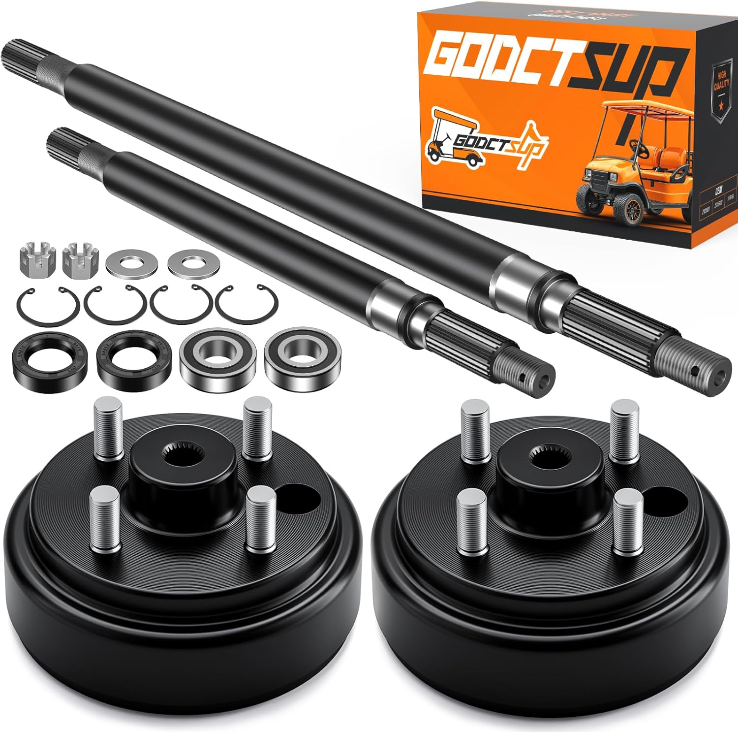 EZGO Rear Axle and Brake Hub Drum Assembly, Fits EZGO Electric 1982-Up, 2-Cycle Gas1982-1993, 24 Tooth Spline Brake Drums & Driver Side/Passenger Side Rear Axle Shaft with Bearing Seal Kit