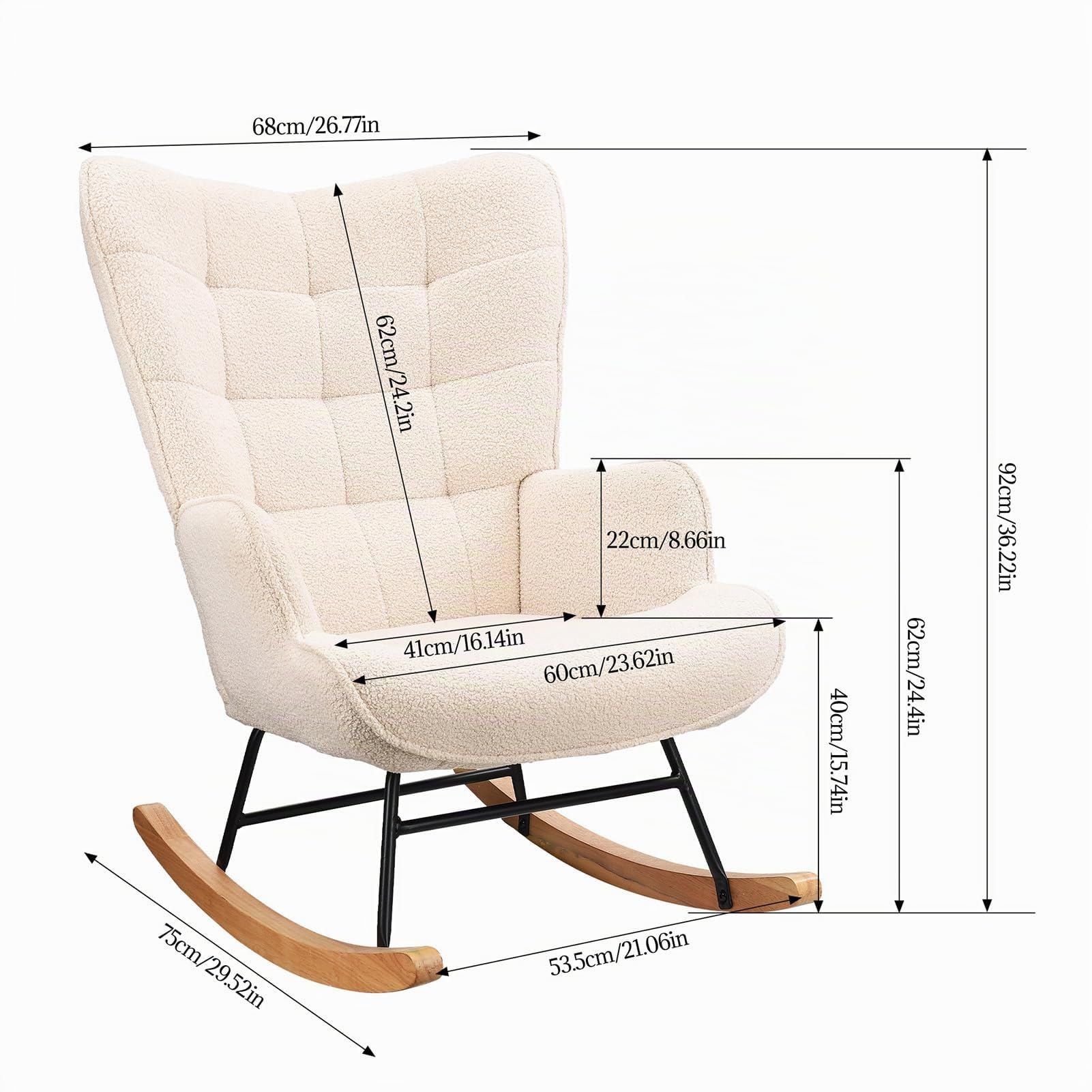 Silla mecedora para adulto, Rocking Chair, sillón de lactancia de peluche Teddy, silla mecedora, sillón salón con reposabrazos, para dormitorio, sala de estar, beige (Beige)