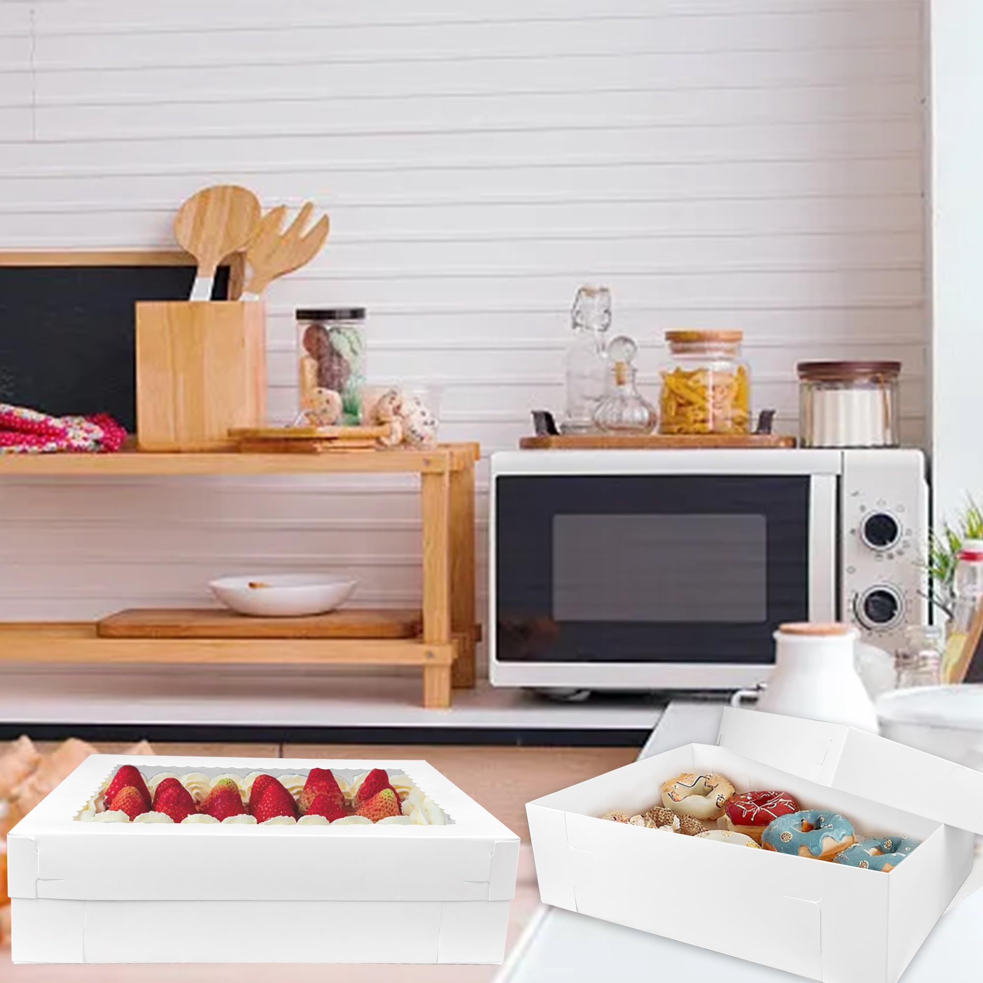 MUMULULU 12 cajas para tartas de 14 x 10 x 4 pulgadas con ventana, cajas de panadería blancas, caja grande para donas, galletas, postres, cupcakes, pastelería, embalaje de pasteles