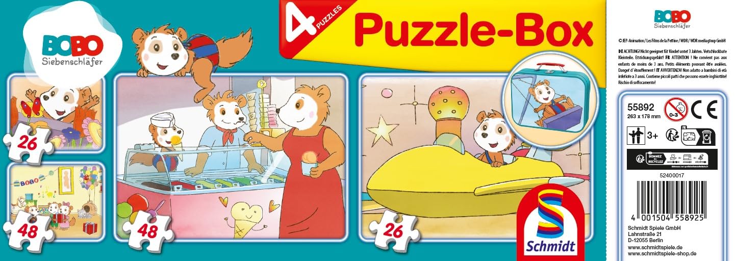 Schmidt Spiele 55892 Bobo Dormouse Puzzle in Metal Case, 2 x 26 and 2 x