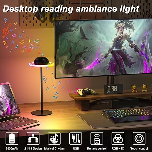 Miniatura 5 de Lámpara de mesa inalámbrica, lámparas de escritorio LED portátiles, 2400 mAh recargable y regulable con control remoto, sincronización dinámica de