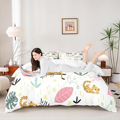 Vista 50 de Feelyou Funda de edredón de perro de dibujos animados, juego de ropa de cama para niños y niñas, perros y flores, funda de edredón con plantas Multi