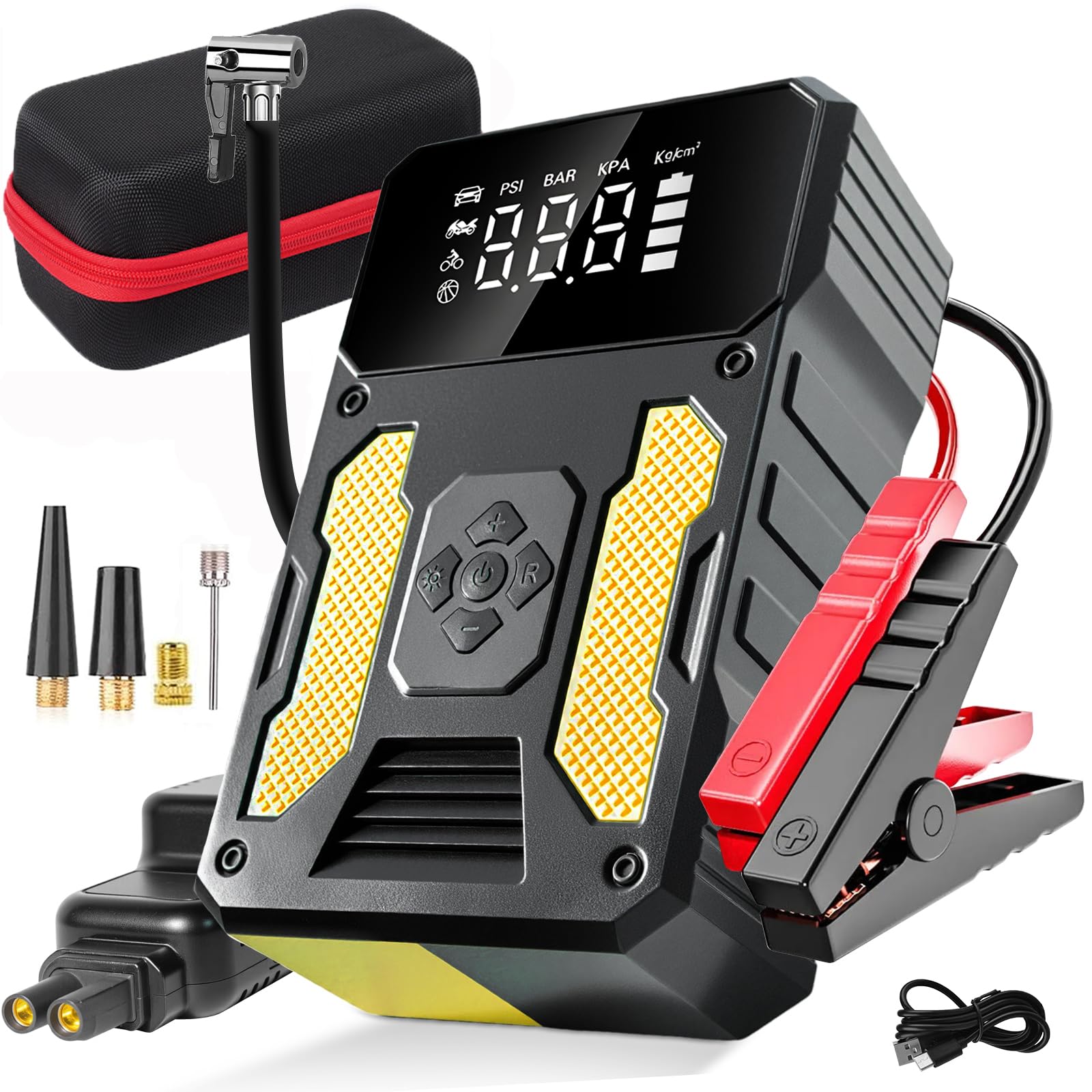 Tragbares Auto-Starthilfegerät mit Luftkompressor 6000A – Batterieladegerät, Powerbank mit LED-Taschenlampe & LED-Display